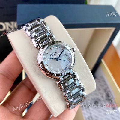 High Quality Replica LONGINES Heart Moon Silver Strap White Face Dial Silver Case Watch 26.5mm
